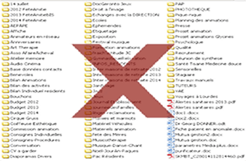 Classement de documents informatiques mal organisé Exemple de classement de dossiers informatiques dans un serveur mal organisé : un grand nombre de répertoires informatiques où sont mélangés dossiers obsolètes, dossiers vivants et fichiers non classés sans de règles de nommage cohérentes.