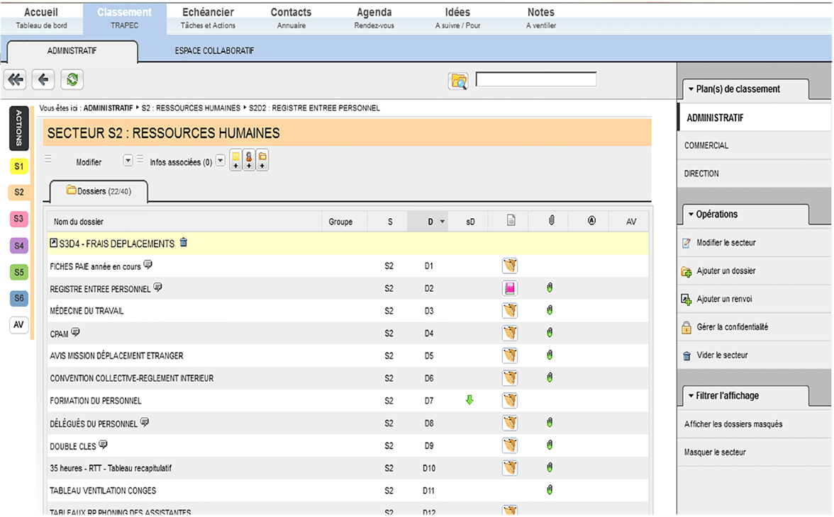 Copie d'écran montrant l'interface de construction d'un plan de classement avec le logiciel TRAPEC CONNECT