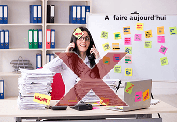 Exemple de Gestion du taches non maîtrisée : une femme dans son bureau stressée et débordée, 1 téléphone dans chaque main, des piles de dossiers à traiter sur son bureau avec des post-it collés partout où on peut lire urgent en rouge